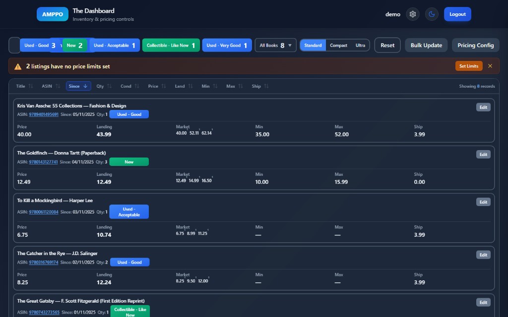 Amppo dashboard in dark mode