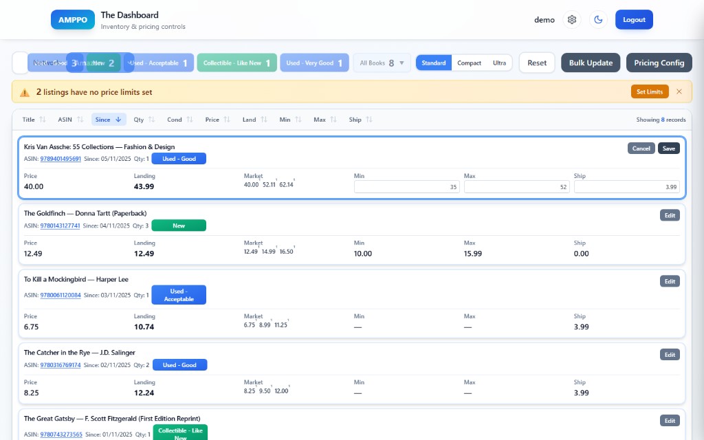 Amppo dashboard inline row editing