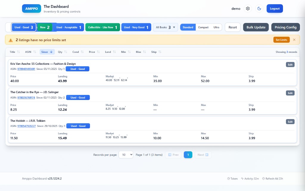 Amppo dashboard filtered by book condition