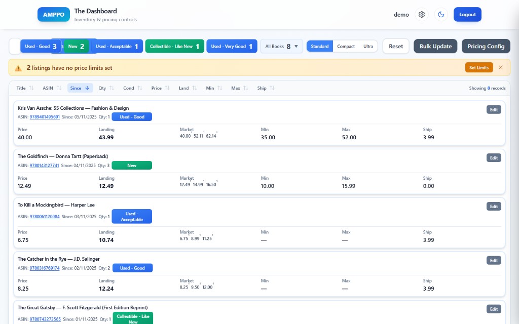 Amppo dashboard book listing with price limits alert