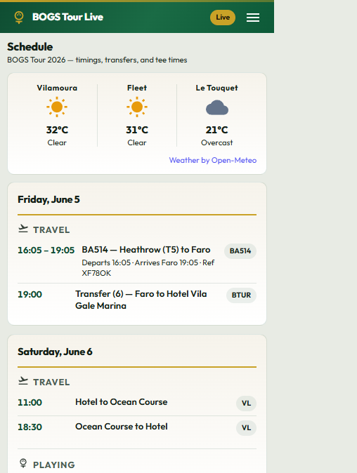 Golf Tour Live schedule with weather, travel, and tee times